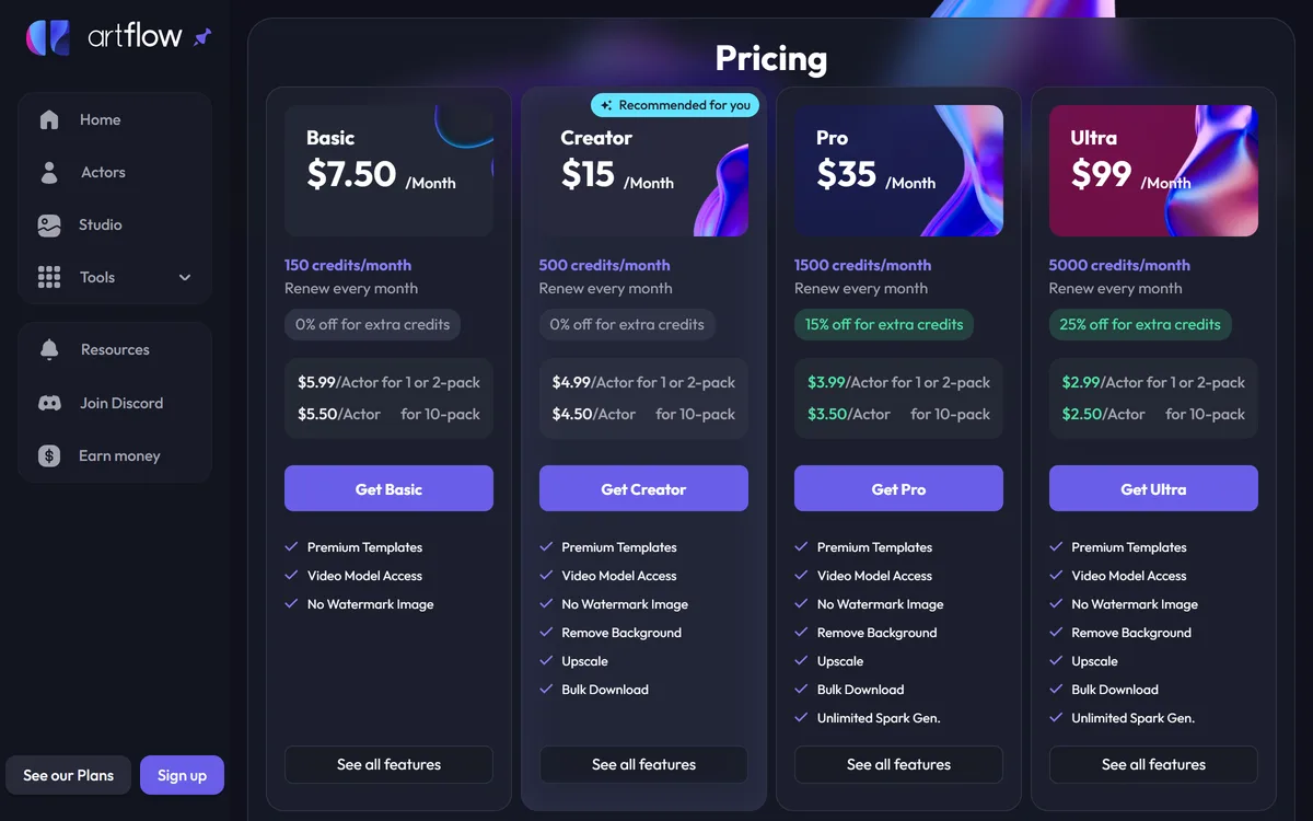 De prijzenpagina van Artflow AI met de plannen Basic, Creator, Pro en Ultra en het aantal credits per plan