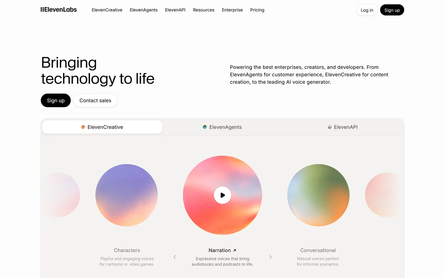 De ElevenLabs website met de tekst-naar-spraak-interface, stemmenbibliotheek en de belofte van realistische AI-audio
