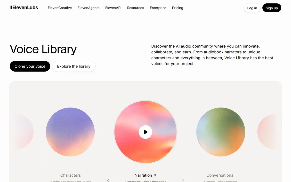 De Voice Library van ElevenLabs met de optie om je eigen stem te klonen en de bibliotheek te verkennen