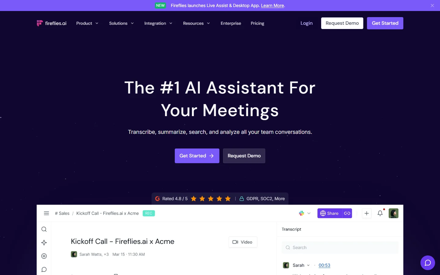 De Fireflies AI homepage met de tekst 'The #1 AI Assistant For Your Meetings' en een voorbeeld van een transcriptievenster eronder
