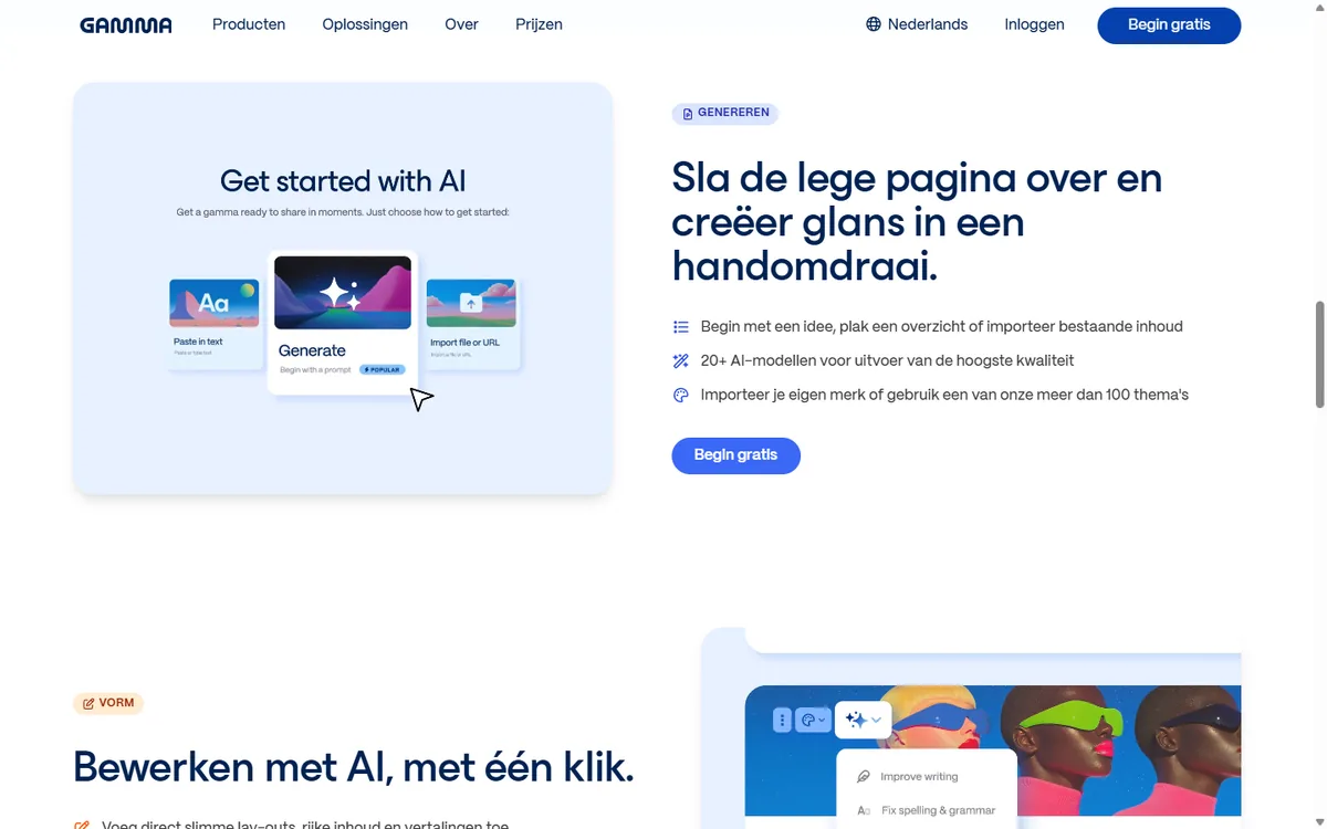 Gamma's startscherm met de opties Paste in text, Generate en Import file or URL