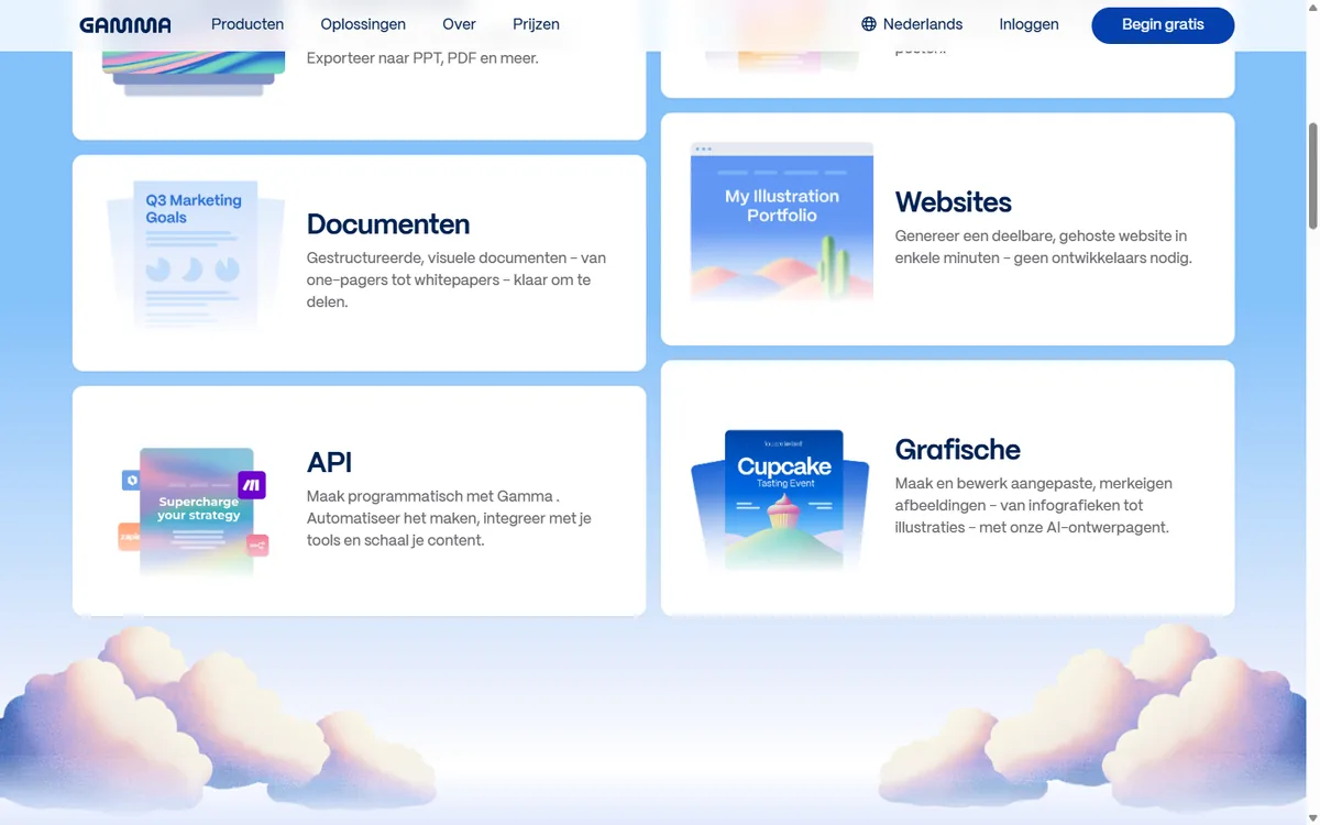 Overzicht van Gamma use cases: documenten, websites, API en grafische content