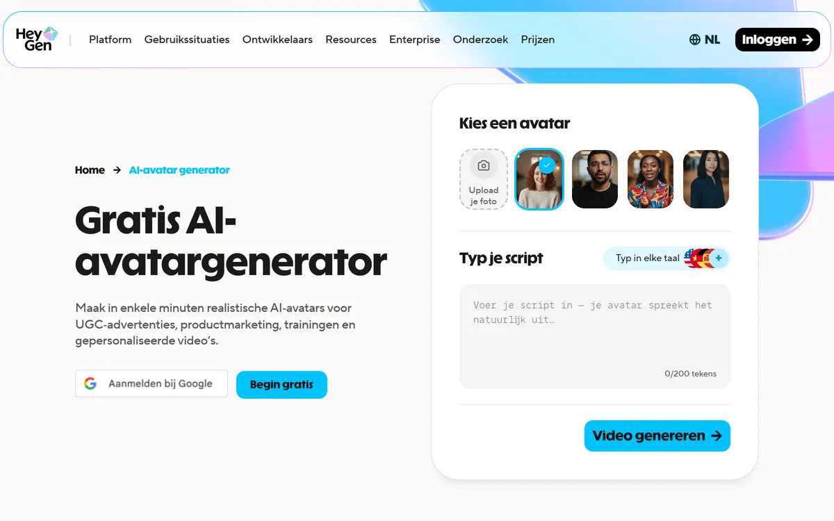 De AI-avatargenerator van HeyGen waarin je een avatar kiest of je eigen foto uploadt en een script typt