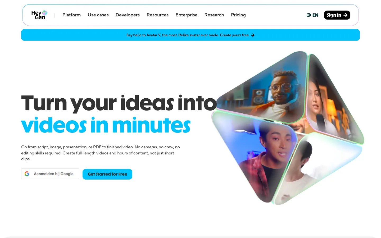 De HeyGen website met AI-avatars, de video-editor en de belofte van talking-head video's in vele talen