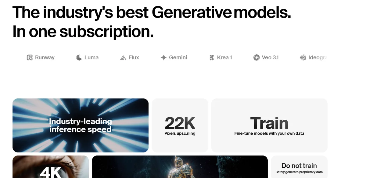Overzicht van Krea's modelaanbod met de tekst 'The industry's best Generative models. In one subscription' en logos van Runway, Luma, Flux, Gemini, Krea 1 en Veo 3.1