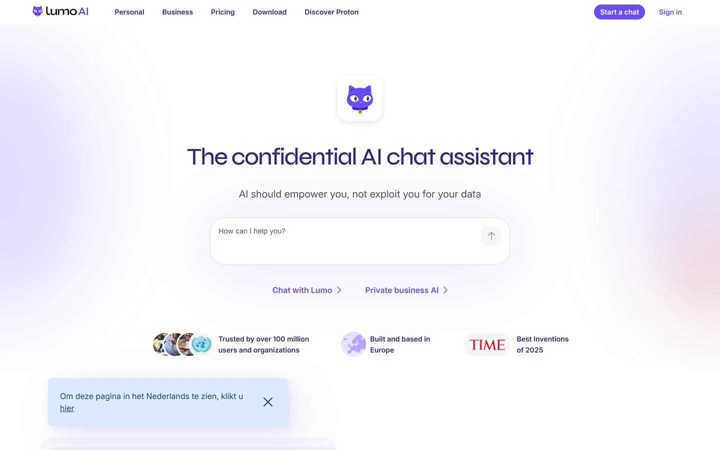 De Lumo website van Proton met de chatinterface en de nadruk op privacy, encryptie en Europese servers