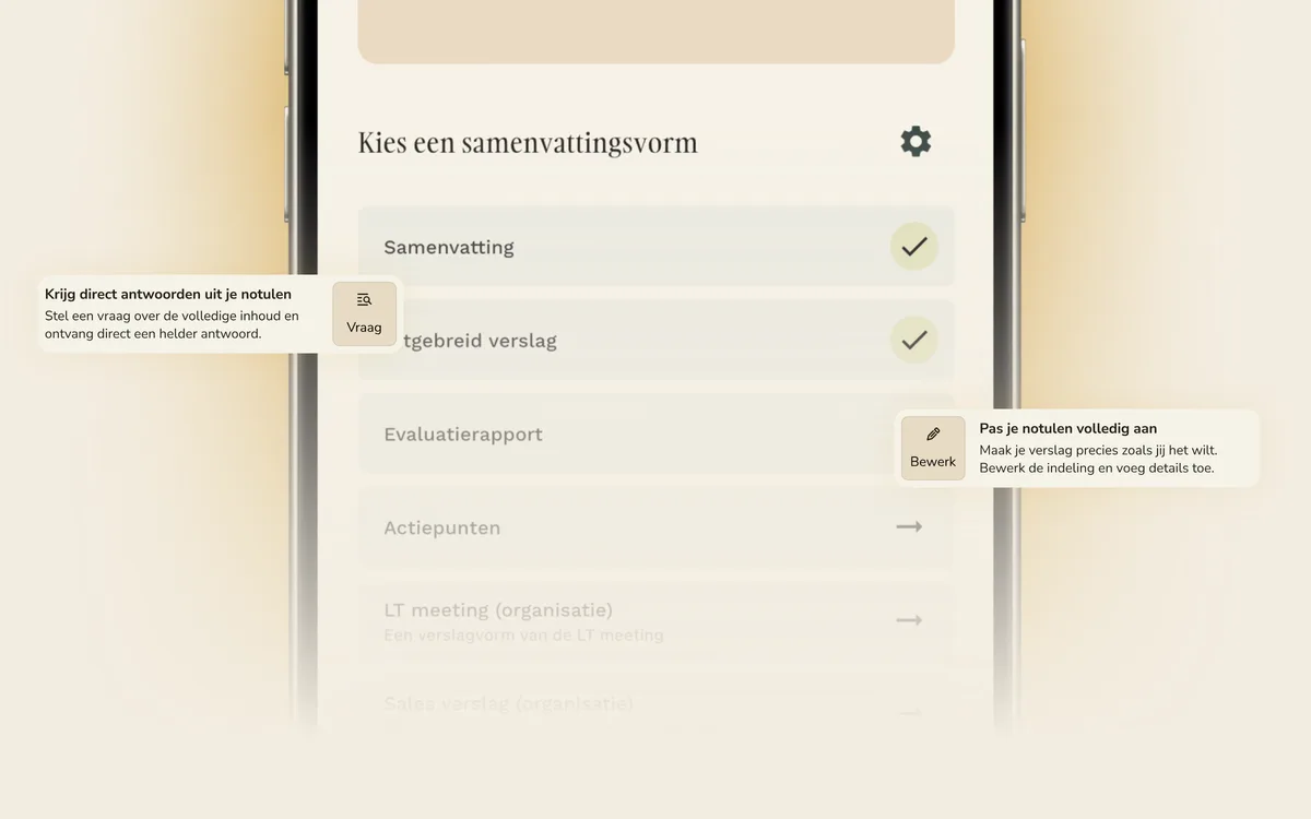 Notizy laat verschillende verslagvormen zien, zoals samenvatting, uitgebreid verslag, evaluatierapport en actiepunten, met de optie om het verslag aan te passen