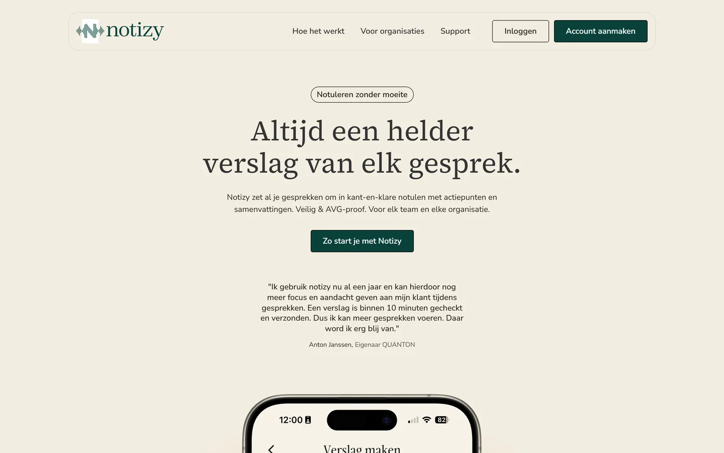 De Notizy website met de belofte van automatisch notuleren met AI, AVG-proof en met opslag binnen de EU