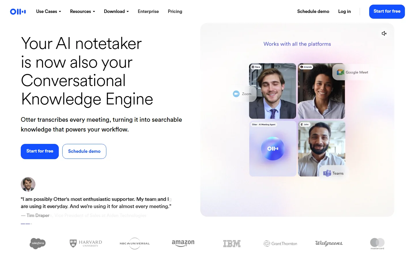 De Otter AI homepage met de tekst 'Your AI notetaker is now also your Conversational Knowledge Engine' en deelnemers in een videovergadering