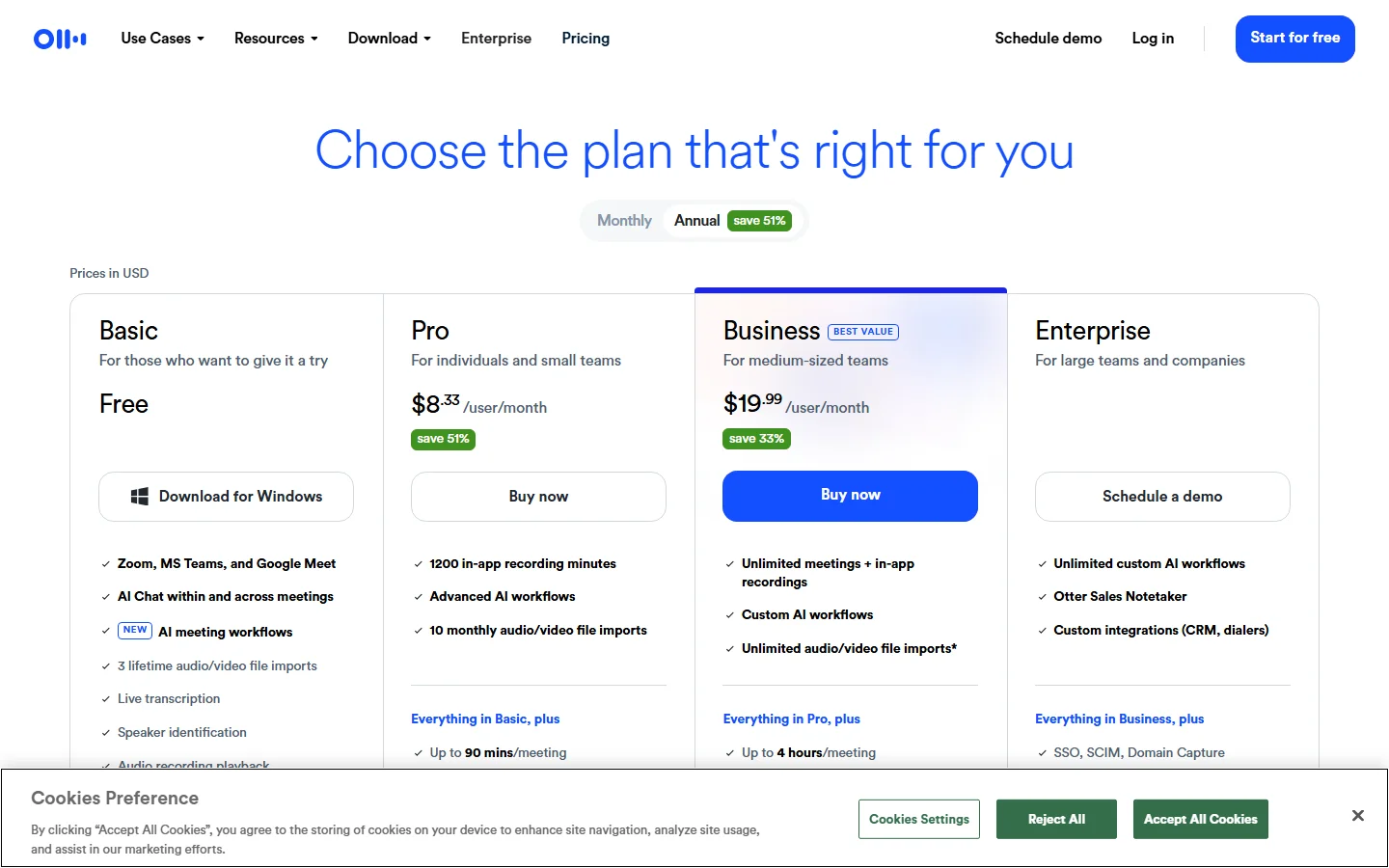 De Otter AI prijzenpagina met de plannen Basic (gratis), Pro ($8,33 per maand), Business ($19,99 per maand) en Enterprise