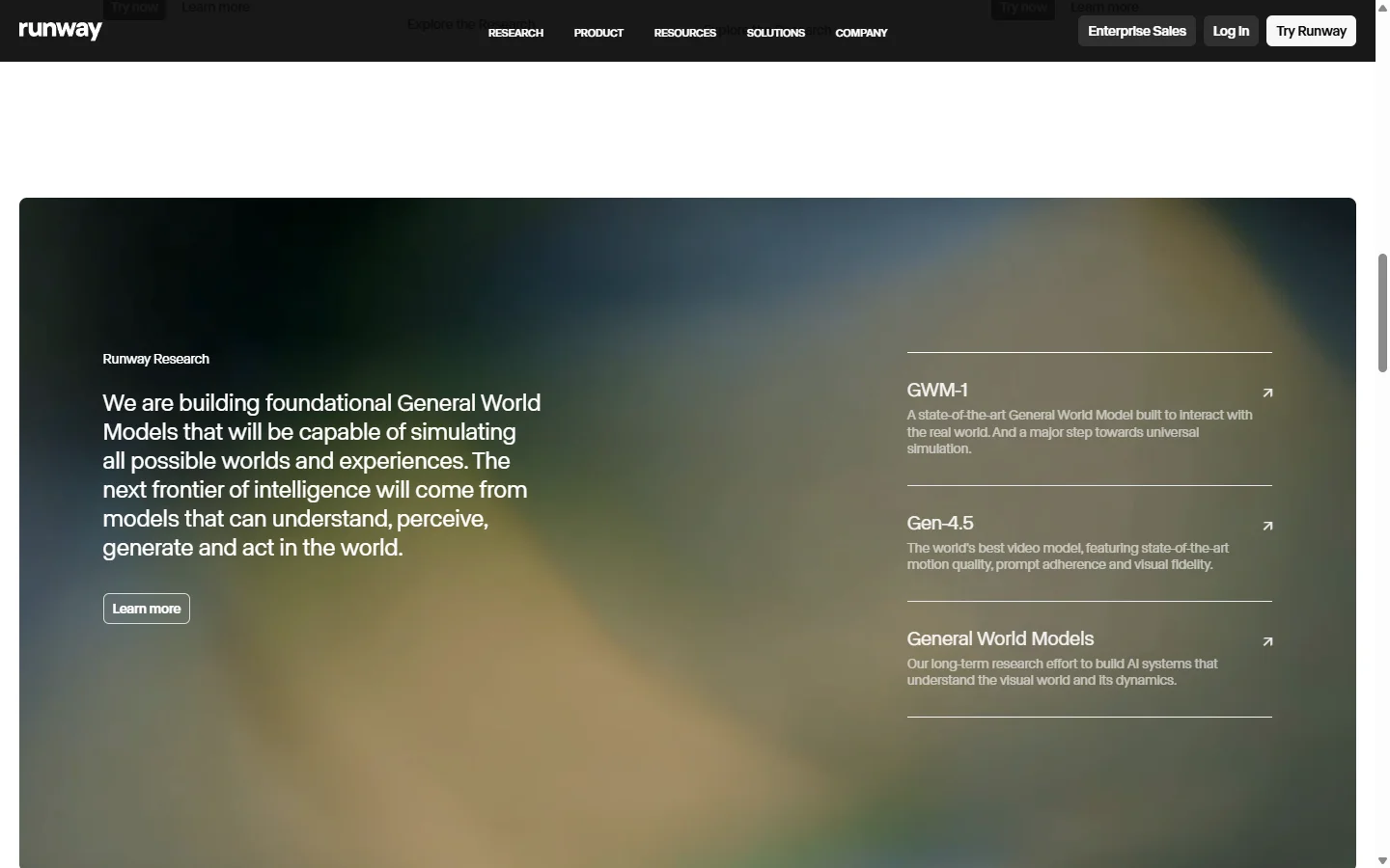 De Runway Research-pagina met General World Models, Gen-4.5 en een uitleg over het bouwen van AI-systemen die de wereld kunnen simuleren