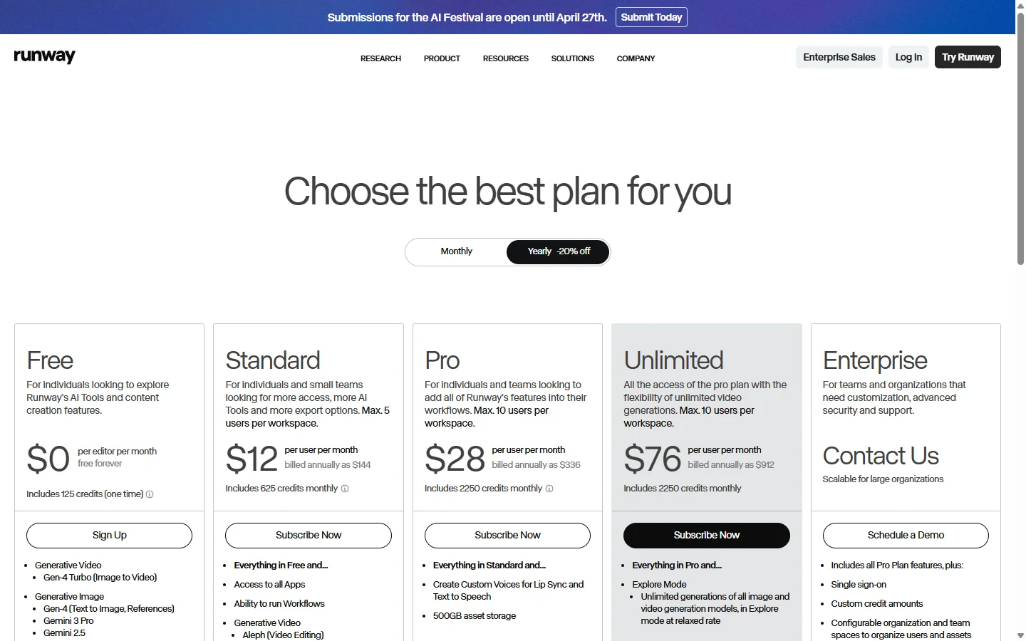 De Runway prijzenpagina met Free ($0, 125 credits eenmalig), Standard ($12/maand, 625 credits), Pro ($28/maand, 2250 credits) en Unlimited ($76/maand, 2250 credits + Explore)