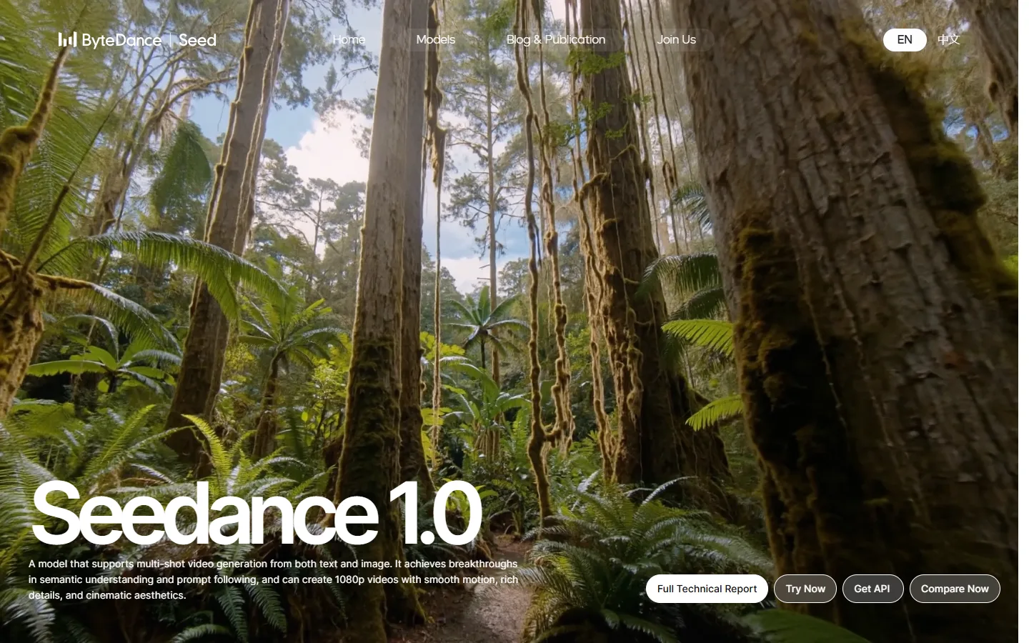 Seedance 1.0 van ByteDance met een filmische natuurscène en de tekst-naar-video-interface