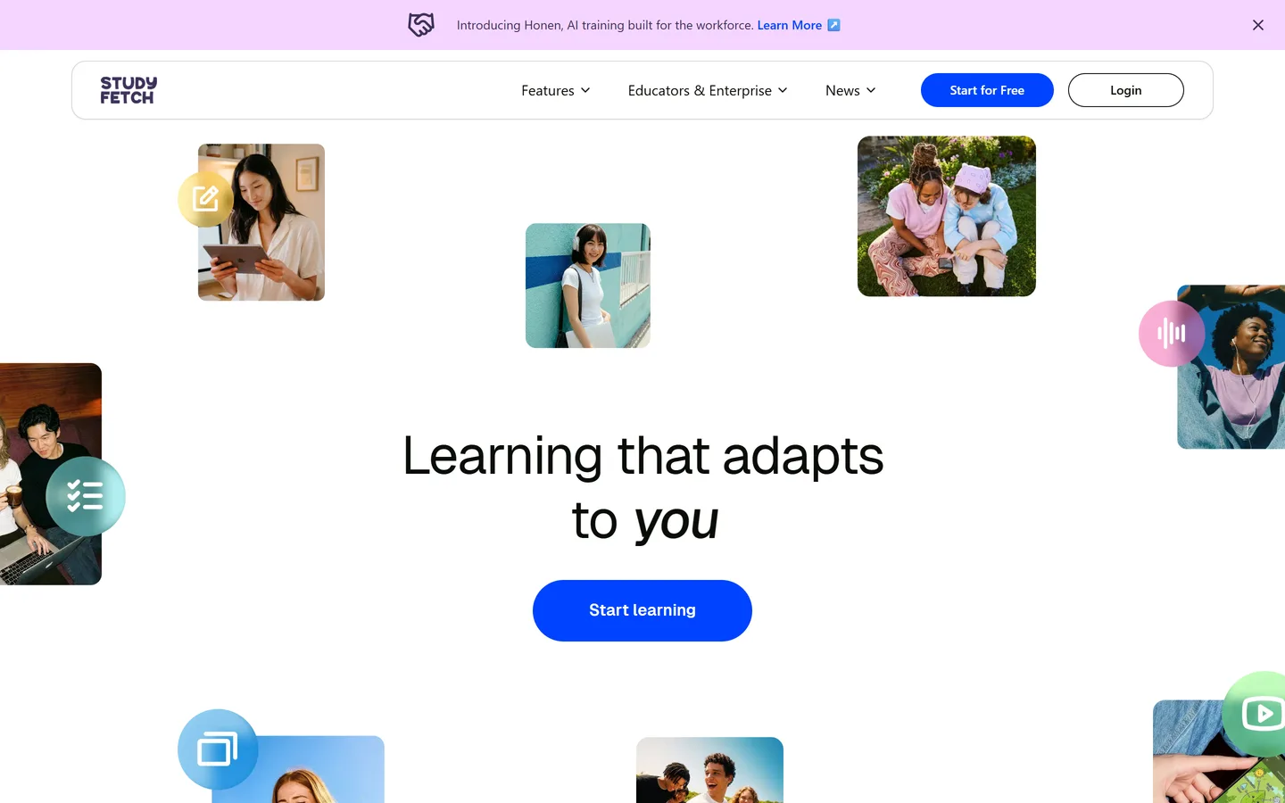 De StudyFetch website met de belofte om aantekeningen om te zetten in flashcards, toetsen en een AI-tutor