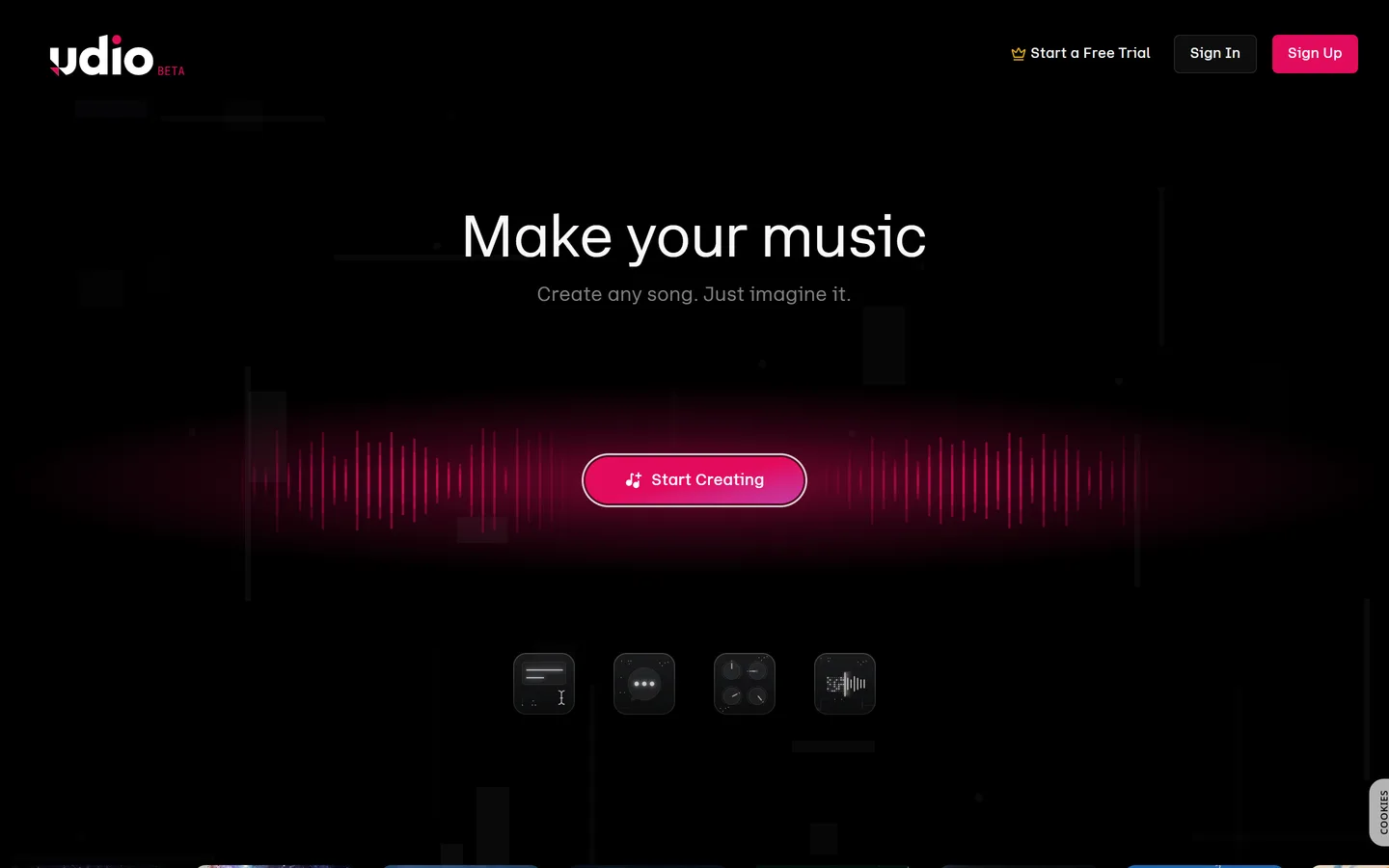 De Udio homepage waar je met een tekstprompt AI-muziek genereert, met genres, songtekst en een afspeelbalk