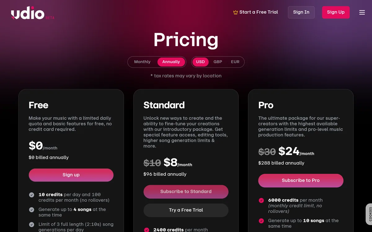 De prijzenpagina van Udio met de plannen Free, Standard en Pro en het aantal credits per plan