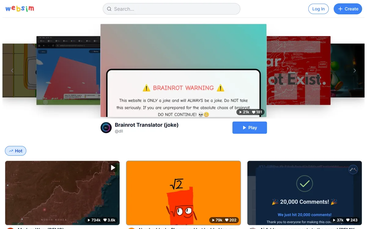 De galerij van Websim met uiteenlopende door gebruikers gegenereerde pagina's, games en apps om te remixen