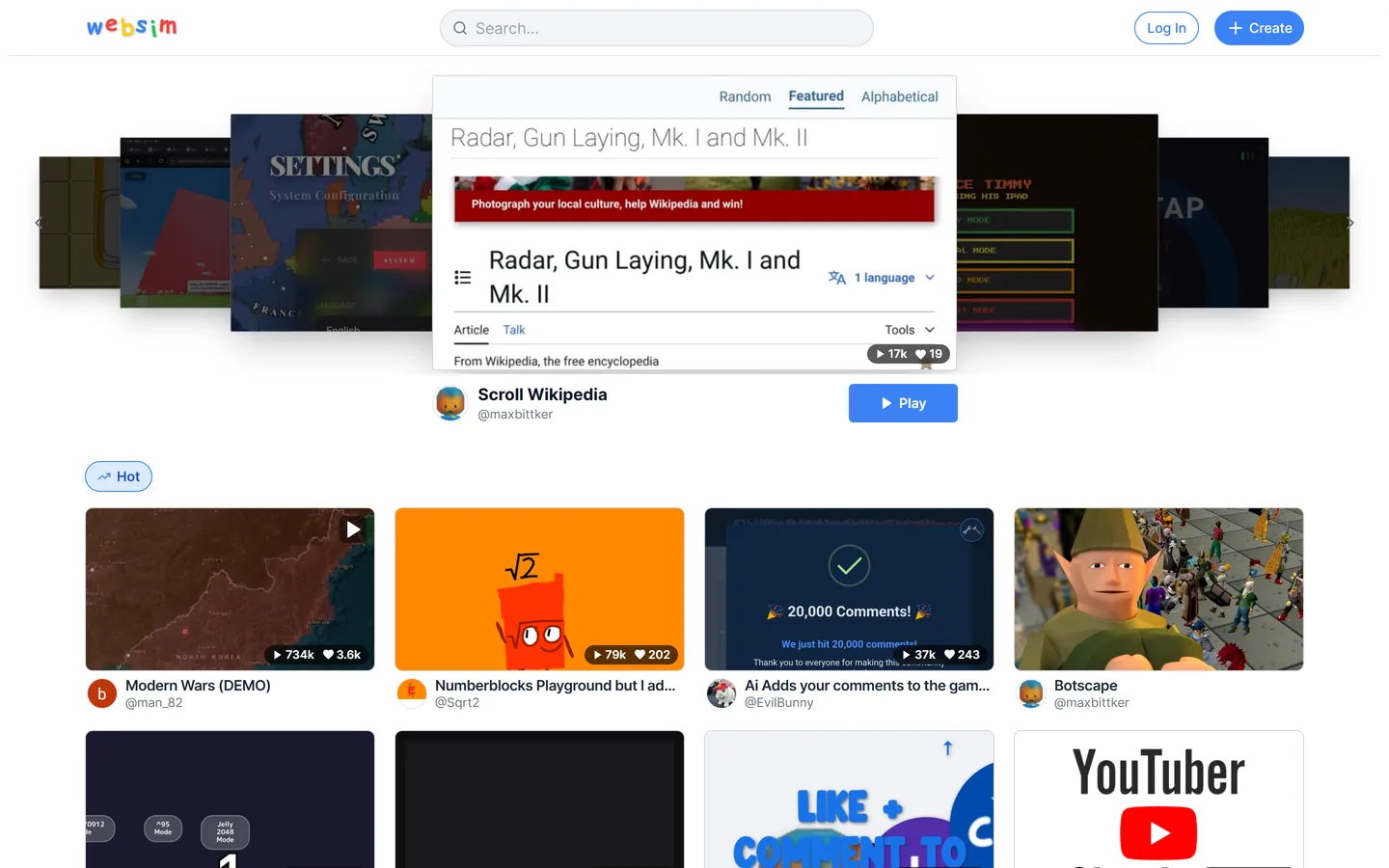 De Websim website waar je met een prompt een webpagina, app of game genereert, met een galerij van creaties van anderen