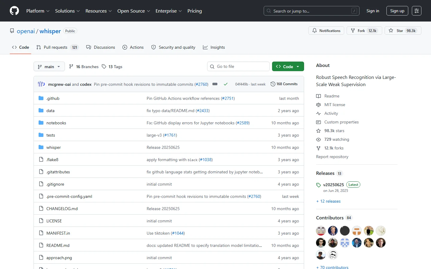 De GitHub-repository van openai/whisper met 98.3k stars, 12.1k forks en de beschrijving 'Robust Speech Recognition via Large-Scale Weak Supervision'