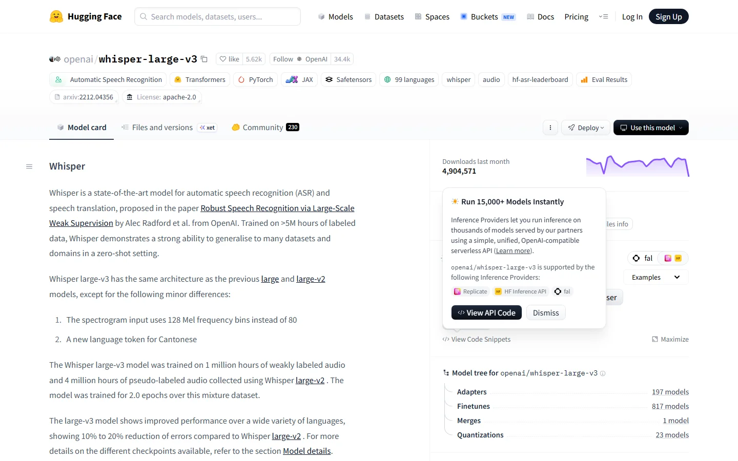 De Hugging Face model-pagina van openai/whisper-large-v3 met model-informatie, gebruik-statistieken en trainingsdetails