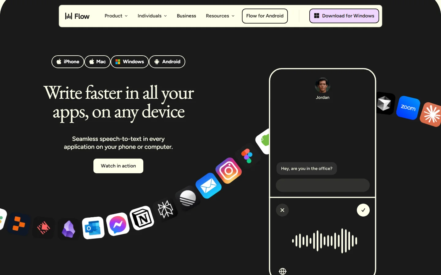 Wispr Flow toont 'Write faster in all your apps, on any device' met een donkere sectie die een telefoon-interface en app-iconen van onder andere Zoom, Instagram en Notion laat zien