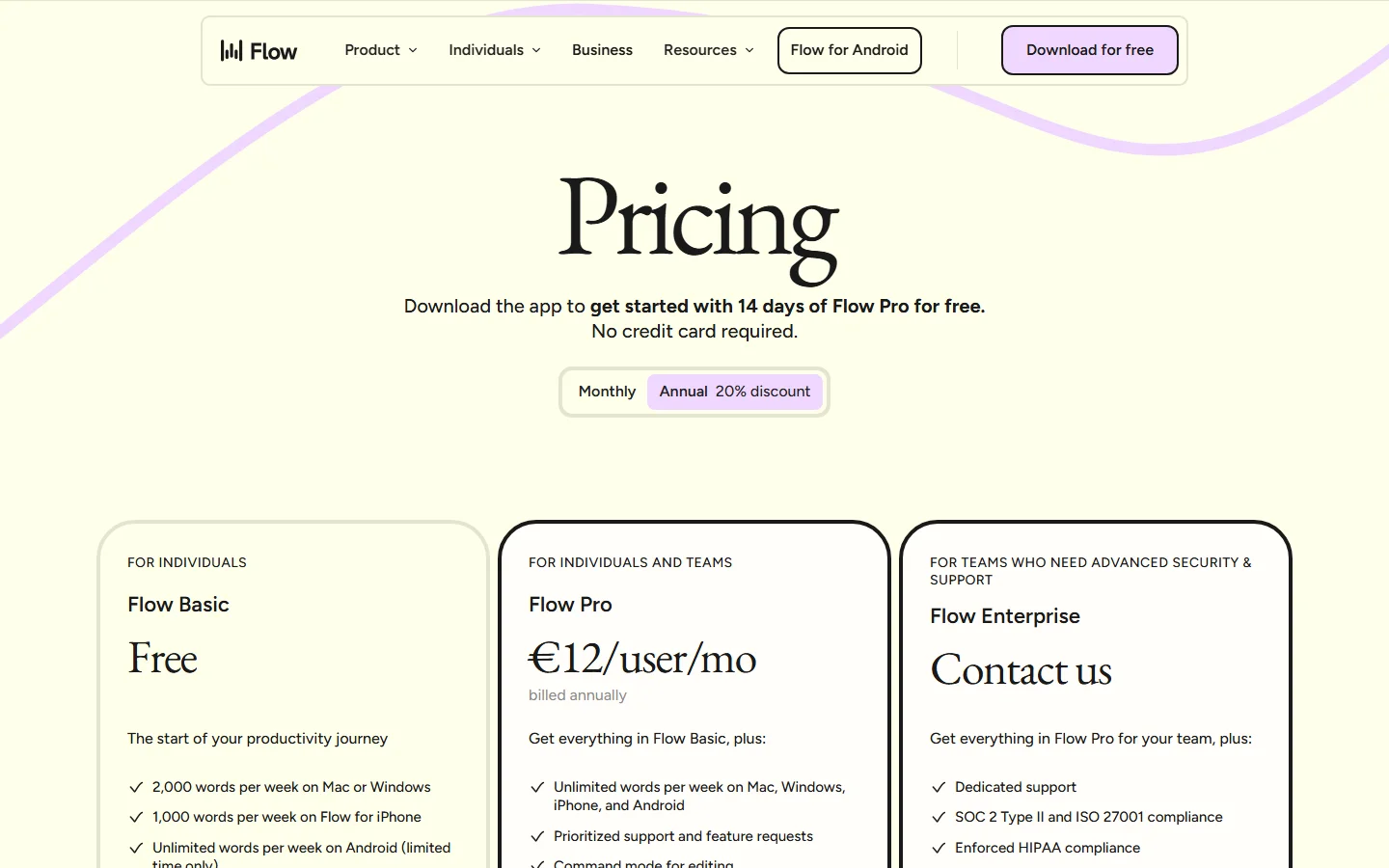 Wispr Flow prijzenpagina met Flow Basic (gratis), Flow Pro (€12 per gebruiker per maand, jaarlijks) en Flow Enterprise (contact)